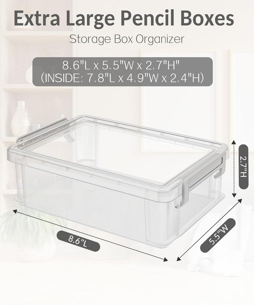 6 Pack Extra Large Pencil Box, Plastic Pencil Case Crayon Box, Clear Marker Organizer Plastic Containers with Lid, Stackable Storage Boxes for Art Craft,Pen,Back to School Teacher Supplies, Grey