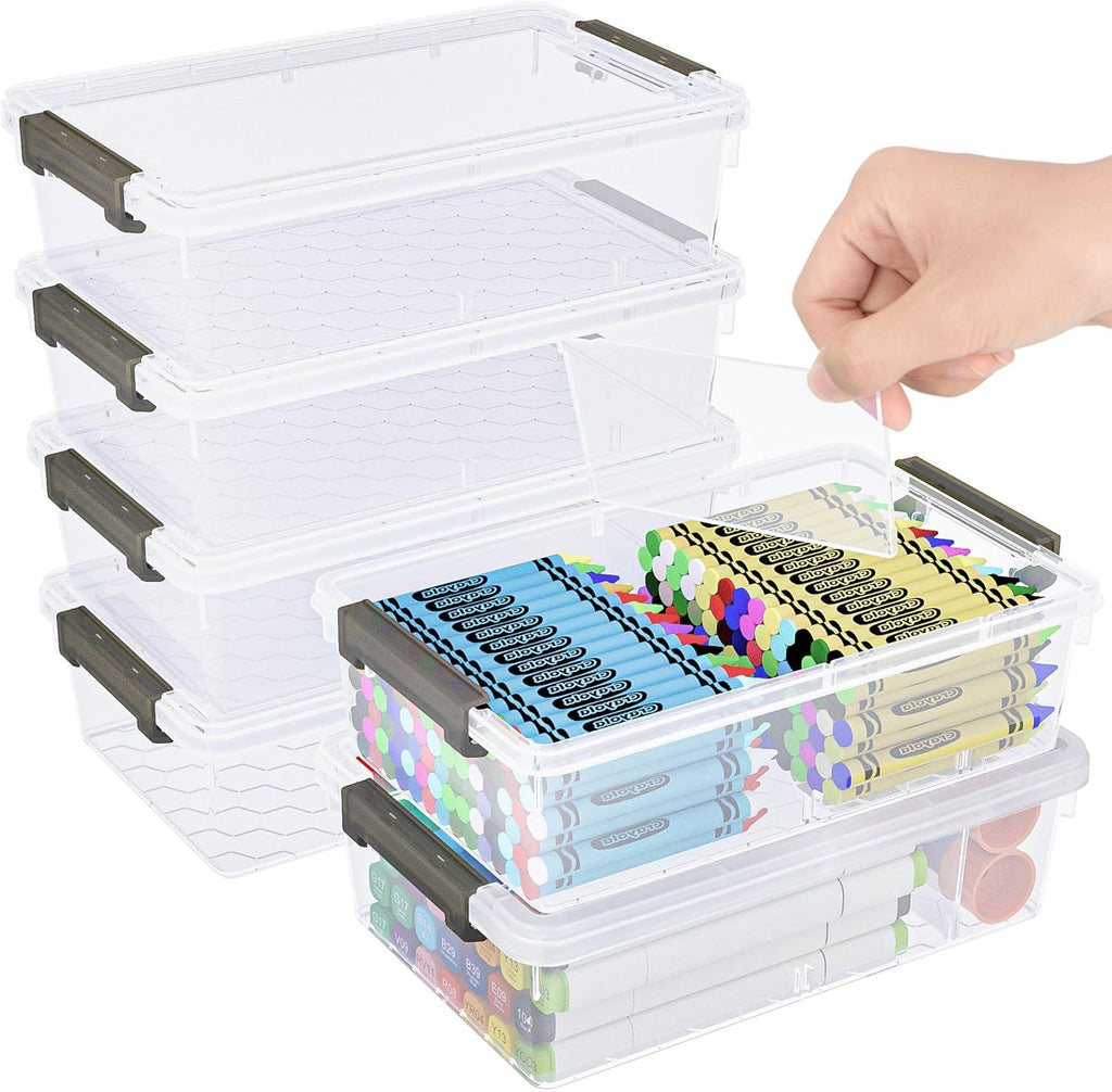 6 Pack Extra Large Pencil Box with Removable Divider, Thickened Pencil Case Bulk, Clear Crayon Marker Organizer Stackable Plastic Small Storage Containers for Pen Craft School Supplies(Grey)