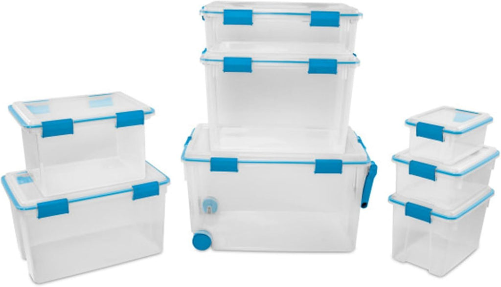 6-Pack Gasket Box, Weather-Resistant Storage Bins with Latching Lids, 7.5 Quart - Heavy-Duty Organizing Containers for Closet, Bathroom, and Office
