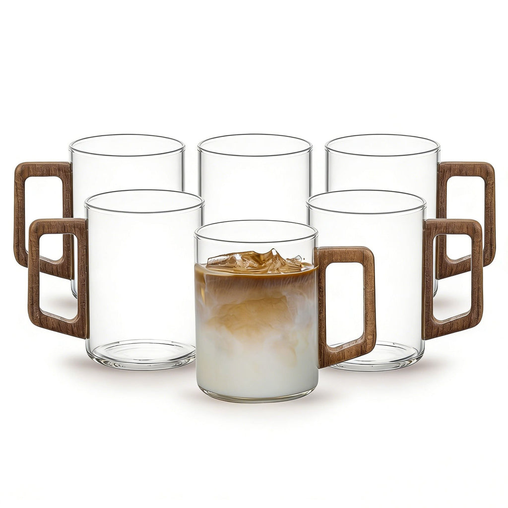 6 Pack Glass Coffee Mugs with Wooden Handles – 14 oz Clear Glass Cups for Tea, Latte, Espresso & Juice, Ideal Gift & Souvenir
