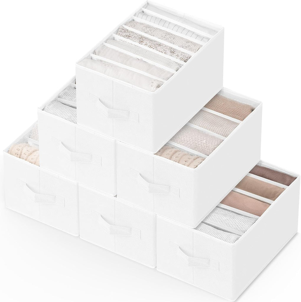 6 Pack Large Clothes Organizer, Wardrobe Closet Organizer and Storage with Handles, Foldable Fabric Closet Organizers Dividers for Clothing, Pants, Jeans, Sweater, T-shirts, White