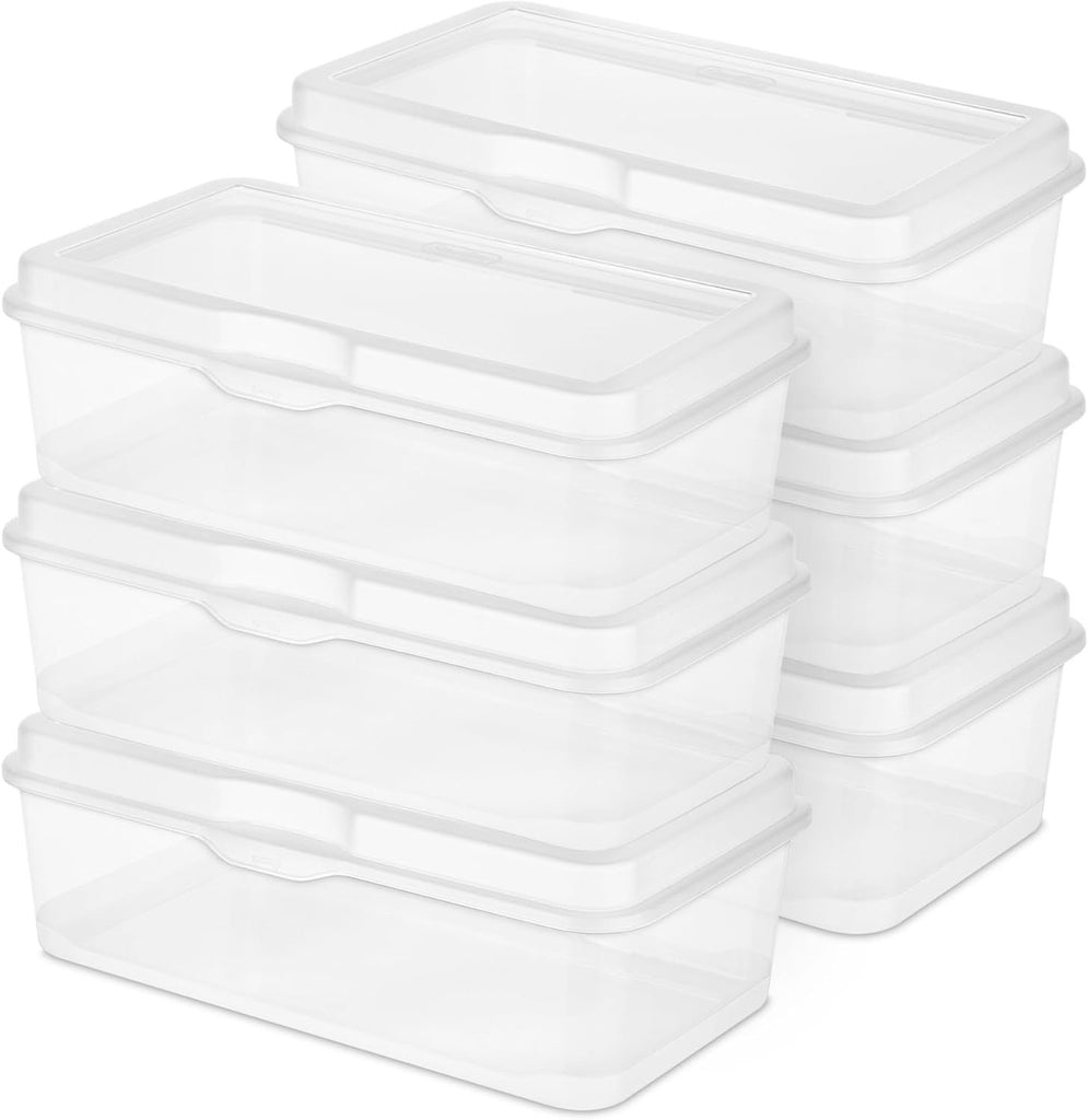 6-Pack Rectangular Large FlipTop, Clear Plastic Storage Box with Hinged Lid - Stackable Multipurpose Organizer for Art and Craft Supplies, Accessories, Photos & CDs, Home or Office Use