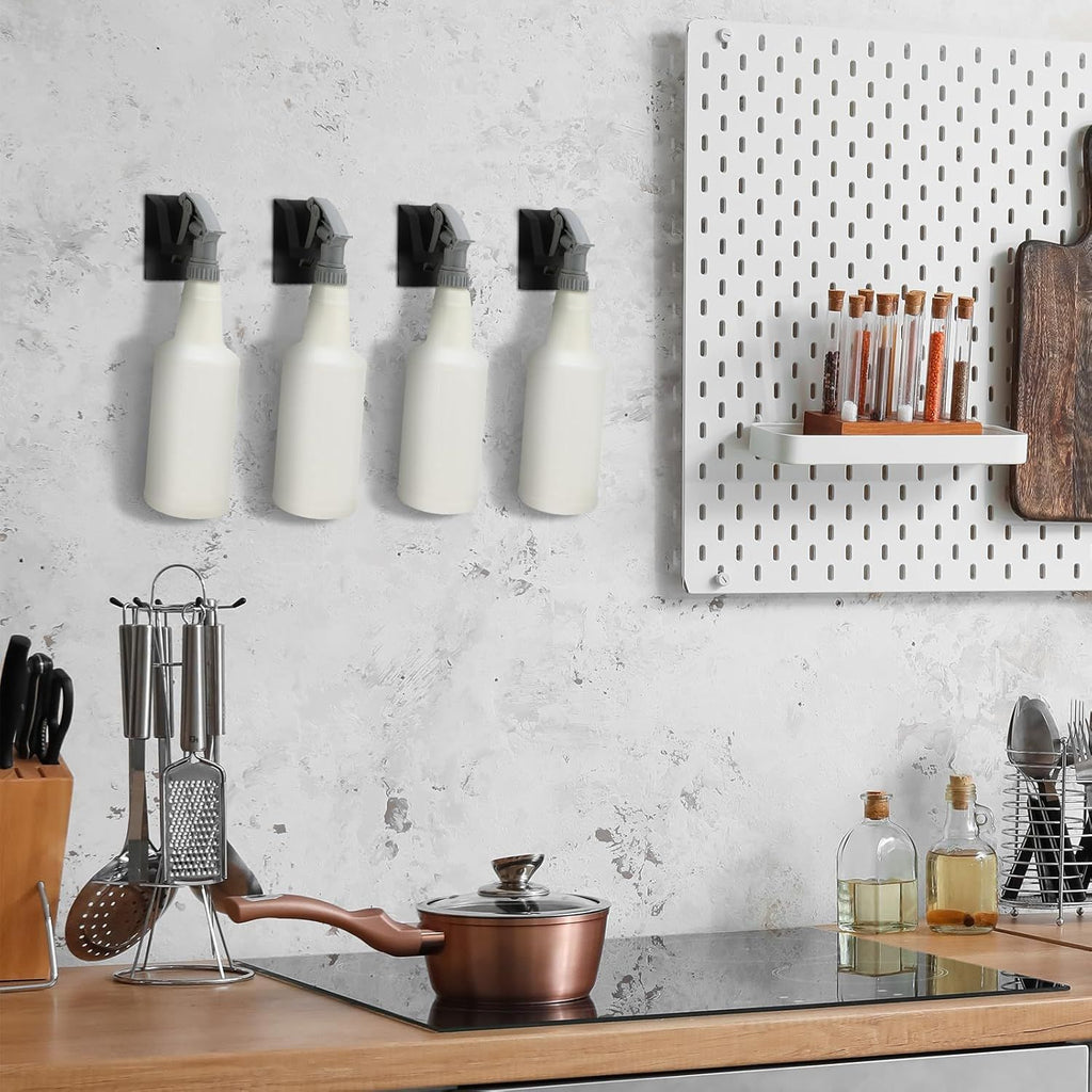 6 Pcs Adhesive Spray Bottle Hanger Wall Mount Metal Spray Bottle Hooks, Non Drilling Sprayer Bottles Holder Stubborn Adhesive Black Universal Easy Clean for Wall Cabinet Kitchen Under Sink