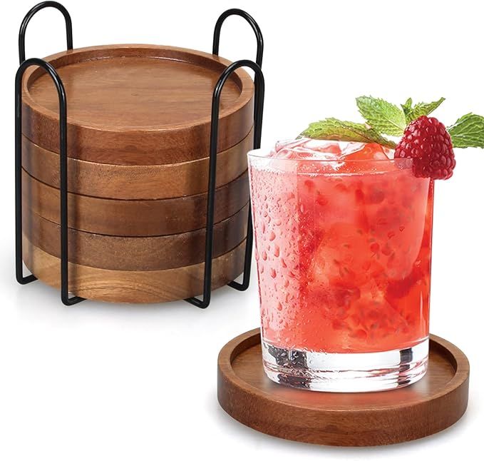 6 Pcs Best Wooden Coasters Holder Coffee Table Decor Acacia