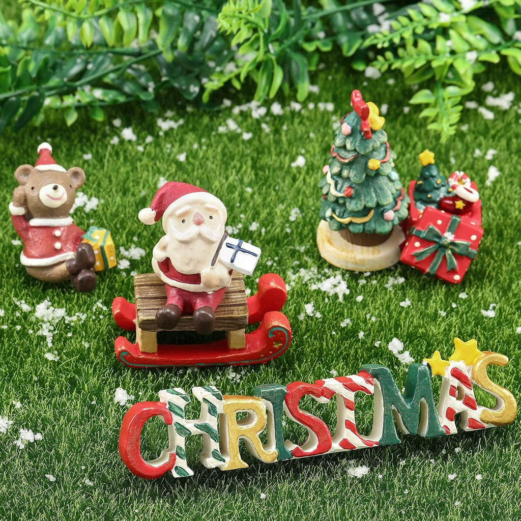 6 Pcs Christmas Aquarium Decoration Christmas Village Fish Tank Resin Ornament Xmas Series Landscaping Decor Santa Bear Sled Figurines for Table Desk