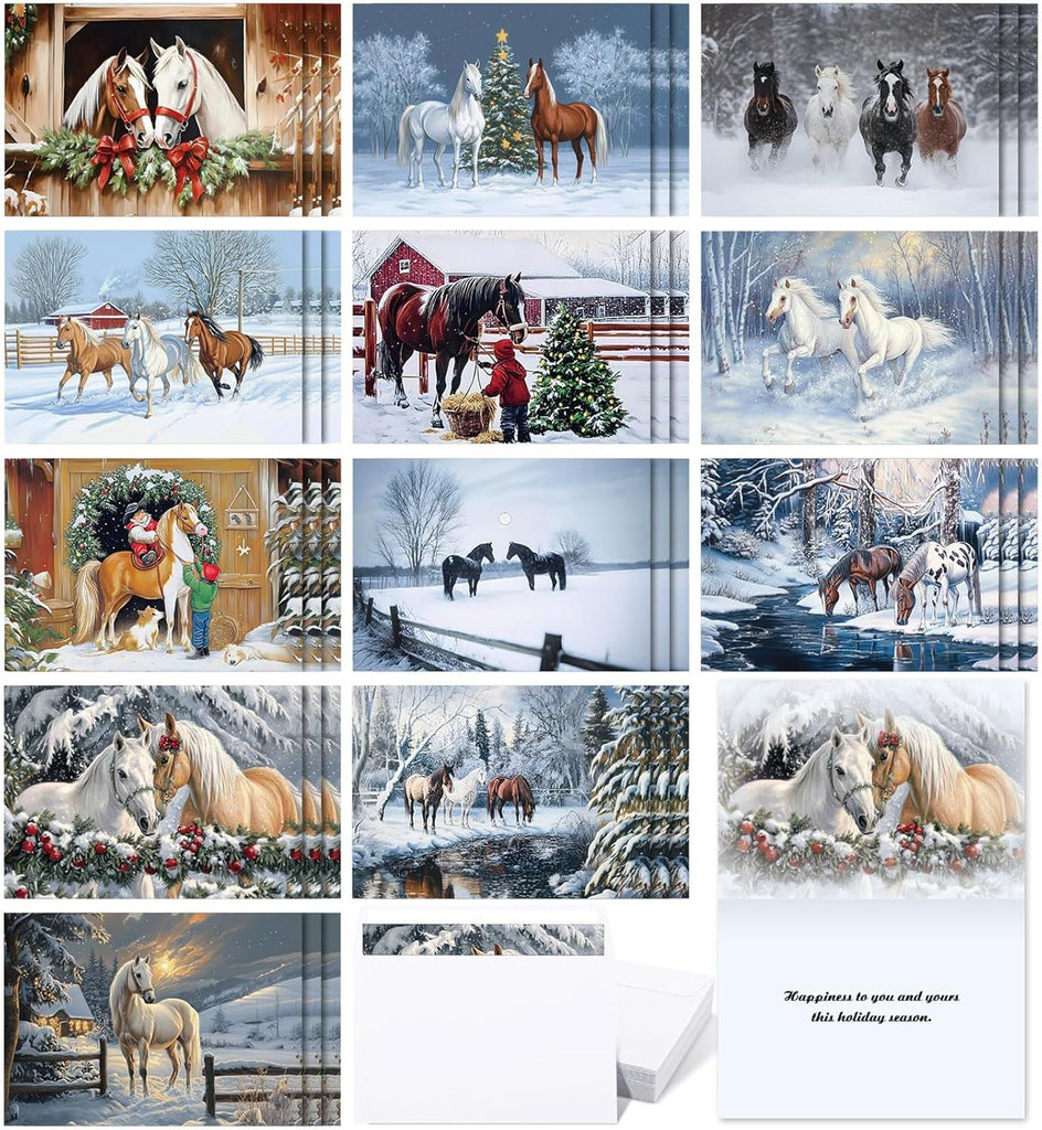 6 Pcs Christmas Cowboy Horses Cards with Envelopes Winter Holiday Horses Card Bulk Xmas Horse and Tree in Winter Cards for Country Christmas Party Friends(Stylish)