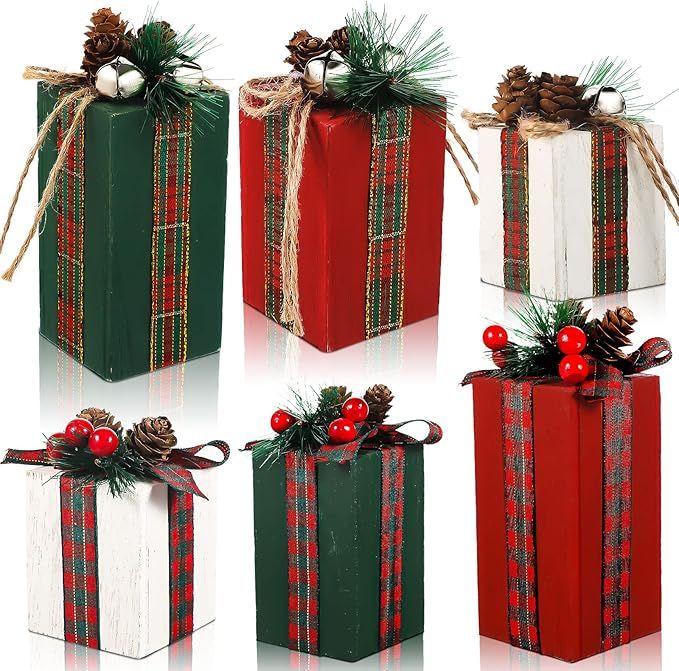 6 Pcs Christmas Wooden Gifts Box Decor Christmas Table Centerpieces with Buffalo Plaid Bowknot Faux Present Blocks Rustic Gifts Tiered Tray Decor for Xmas Party