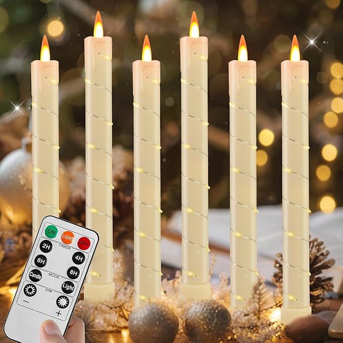 6 Pcs Flameless Taper Candles, Battery Taper Candles Flickering Flame with Embedded Star String, Candle Sticks Battery Powered with Remote Control, Timer Function Ideal for Christmas (Ivory)
