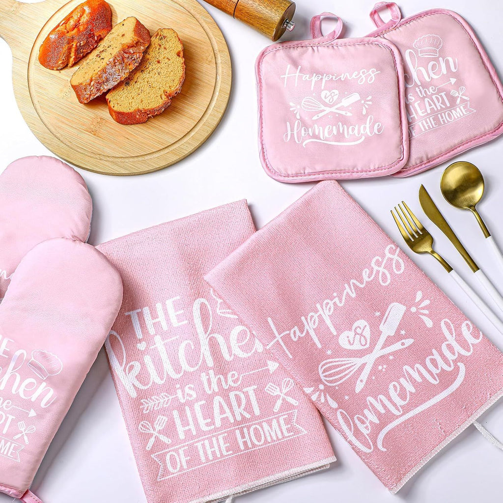 6 Pcs Kitchen Decor Accessories Set Farmhouse Towels Pot Holders Oven Mitts Set 2 Dish Towels 2 Potholders 2 Cooking Mittens Oven Glove for Christmas Baking Cooking Supply(Pink,Kitchen)