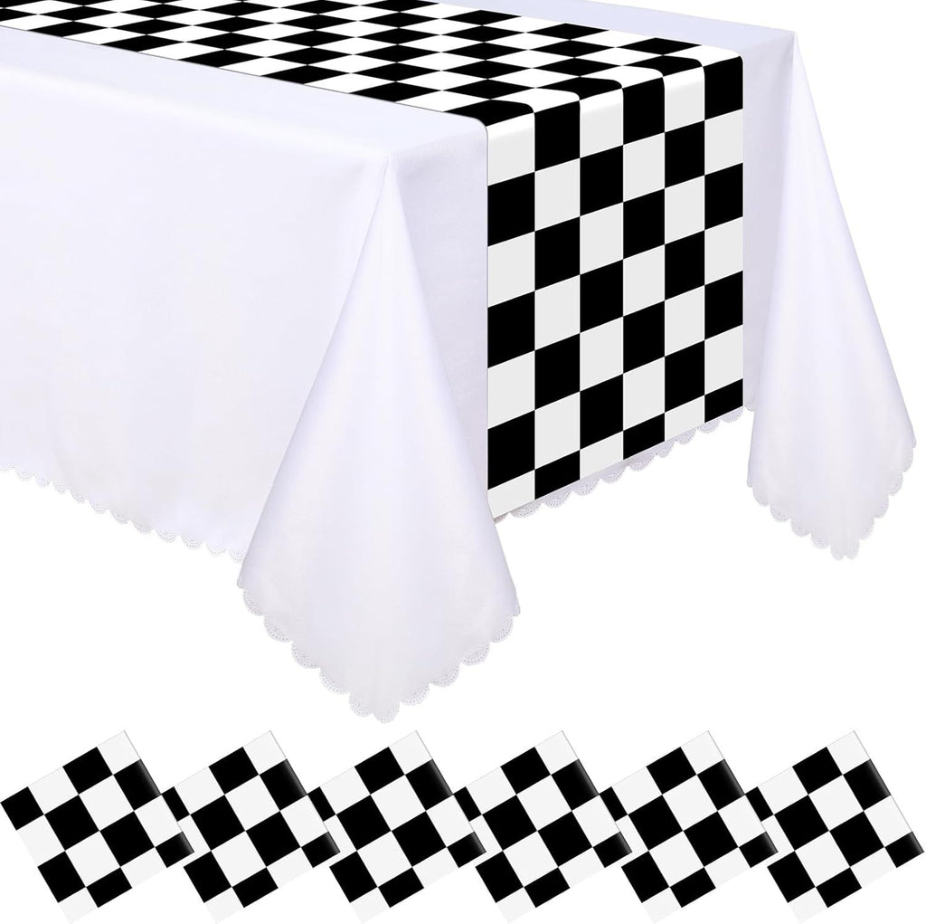6 Pcs Plastic Checkered Table Runner 14 x 108 Inch Racetrack Road Table Runner for Two Fast Car Theme Birthday Racing Party Decor Events Supplies (Black White Checkered)
