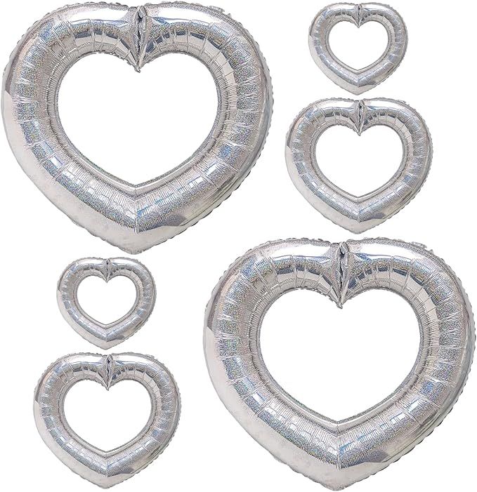 6 Pcs Silver Heart Shaped Balloons Foil Laser Hollow Balloon for Birthday Baby Shower Party Decoration Valentine's Day Mother's Day Christmas Decoration