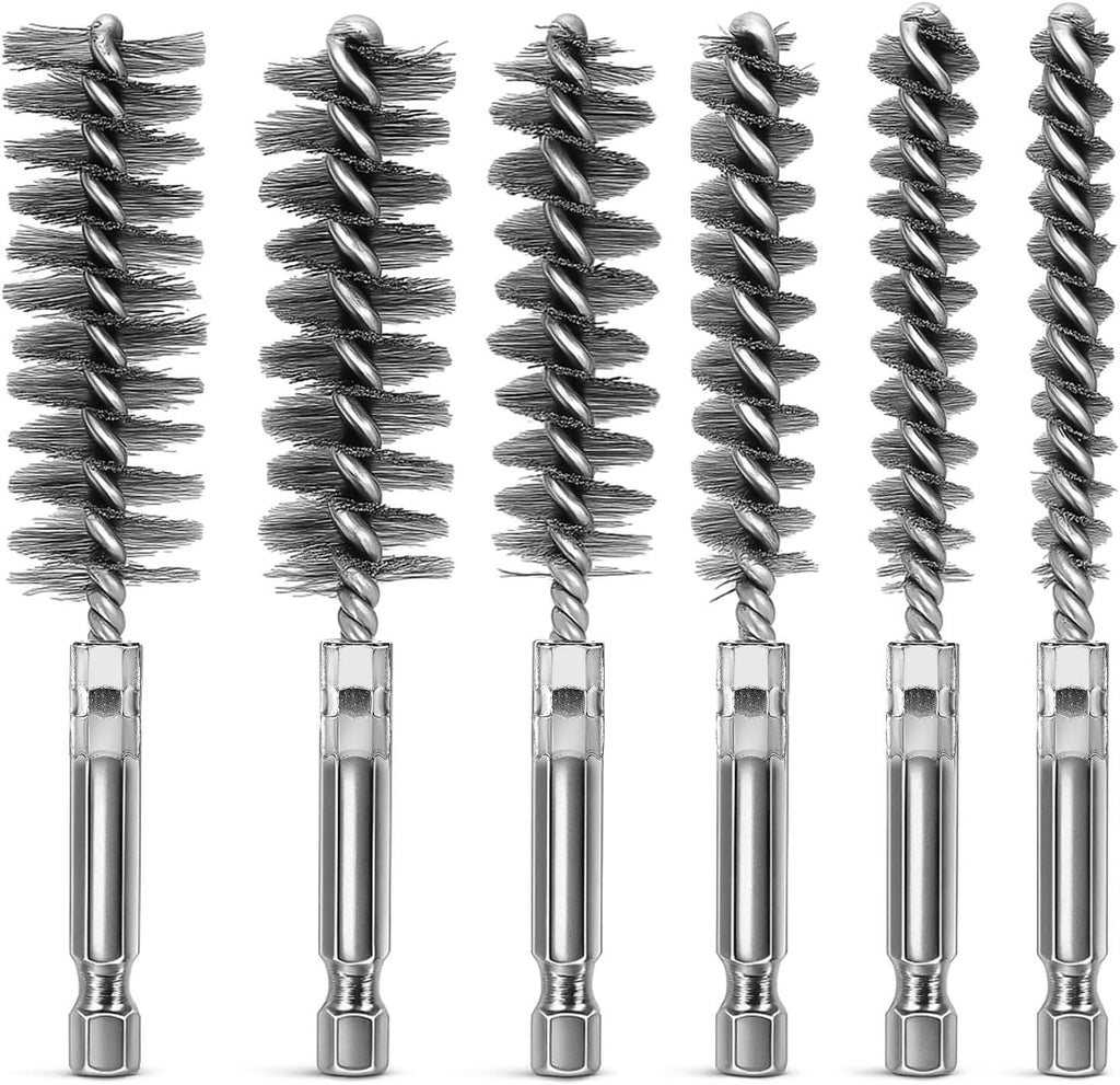 6 Pcs Stainless Steel Bore Brush Copper Pipe Cleaner, 6 Size Twisted Wire Cleaning Brush Set with 1/4 Inch Hex Shank for Cleaning Tubes Rust Bearings
