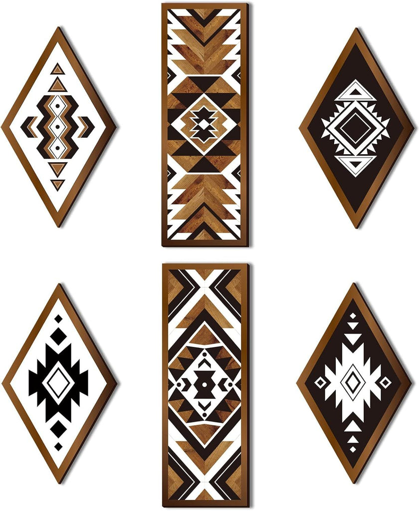 6 Pcs Western Aztec Wall Decor Southwestern Wall Art Boho Farmhouse Geometric Tribal Diamond & Rectangle Wooden Hanging for Home Bedroom Living Room Decor