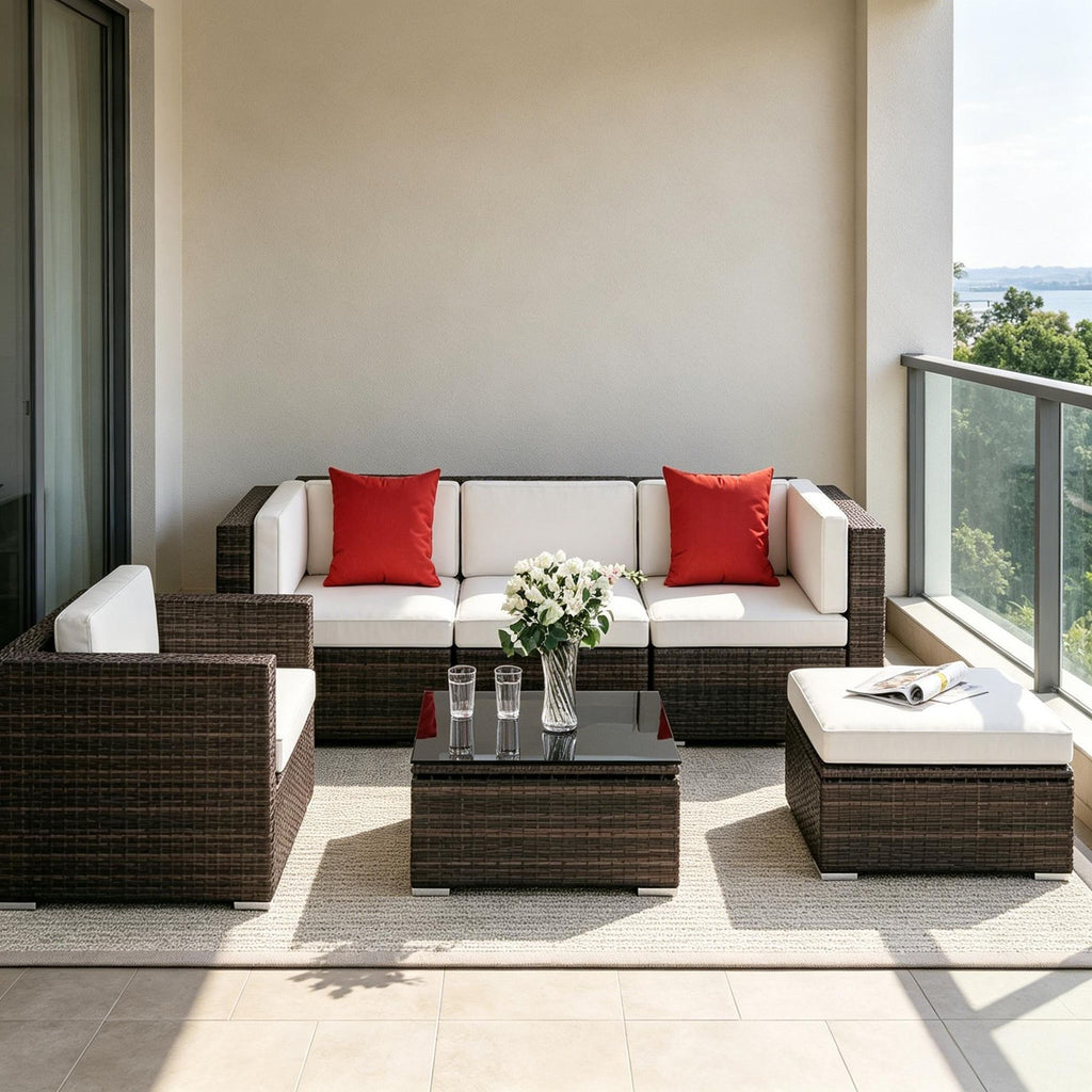 6 Piece Outdoor Patio Furniture Set PE Rattan Wicker Sectional Sofa with Ottoman Tempered Glass Table Mixed Brown & Cream White All-Weather Cushioned Conversation Set