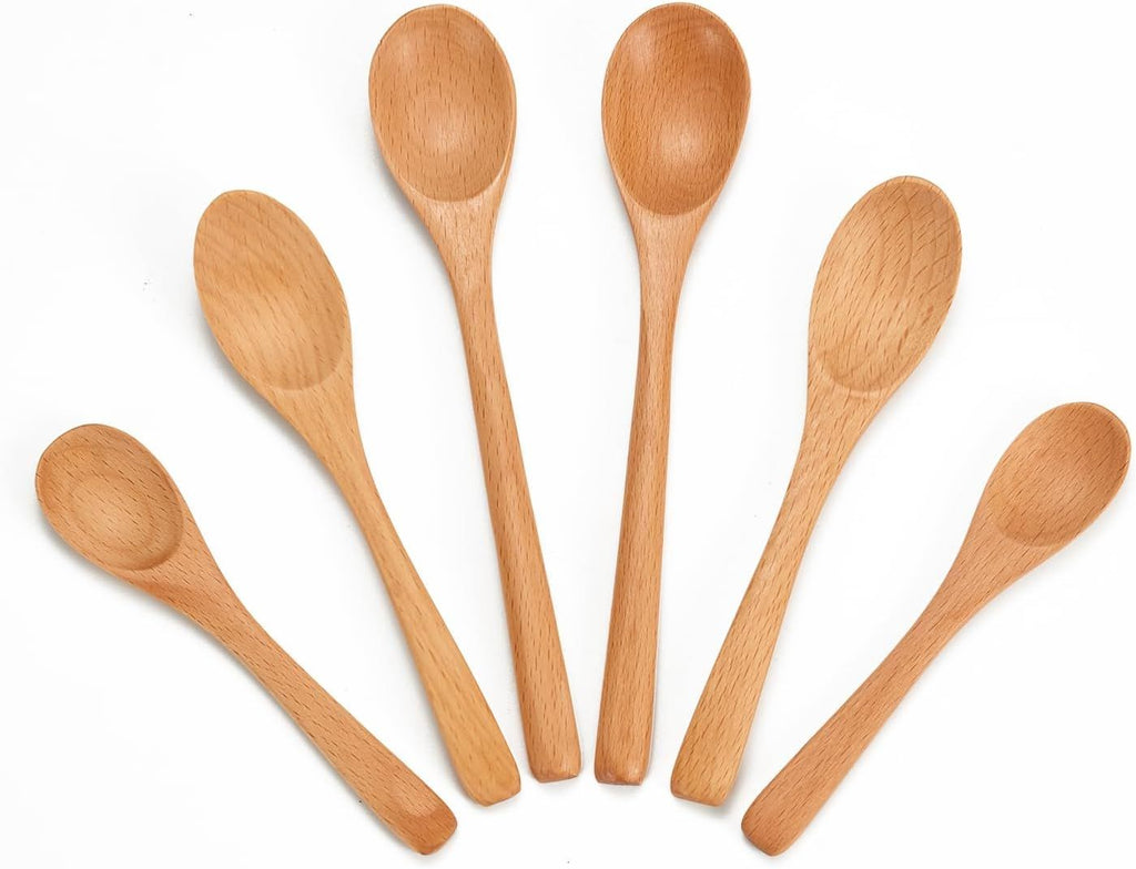 6 Piece Small Wooden Spoons Set - Premium Beech Wood Spoons in 3 Sizes (4.9", 5.9", 7.1") for Honey, Tea, Coffee, Multi-Purpose Mini Teaspoons Utensils for Ice Cream and Soup