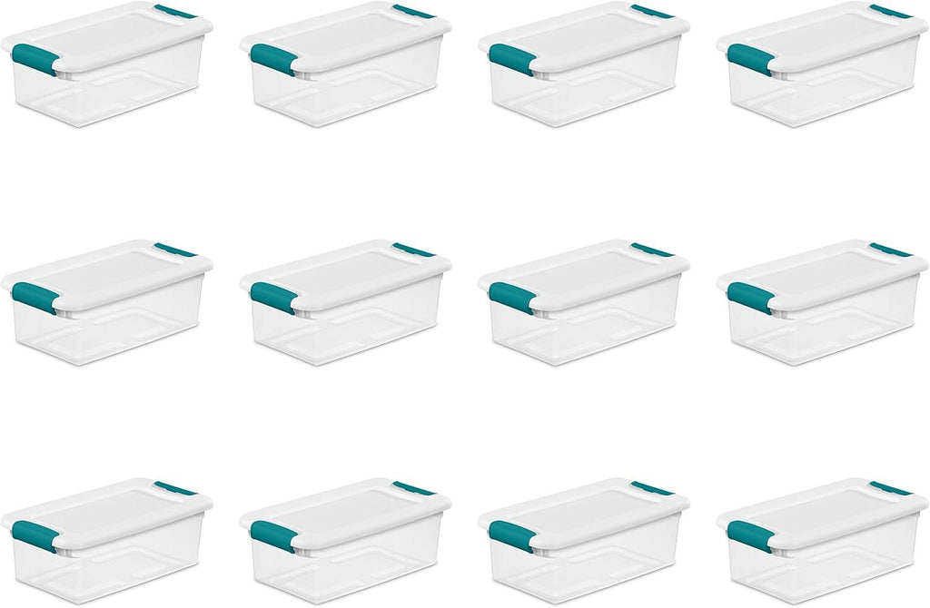 6 Qt Latching Storage Box, Stackable Bin with Latch Lid, Plastic Container to Organize Shoes on Closet Shelf, Clear with White Lid, 12-Pack