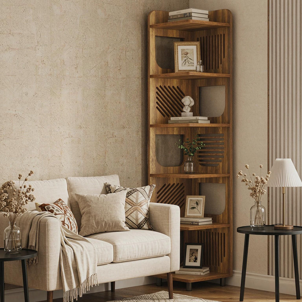 6-Tier Corner Shelf Tall Skinny Display Bookcase for Small Spaces Home Decor Organization Wall-Mounted Space Saver Rack