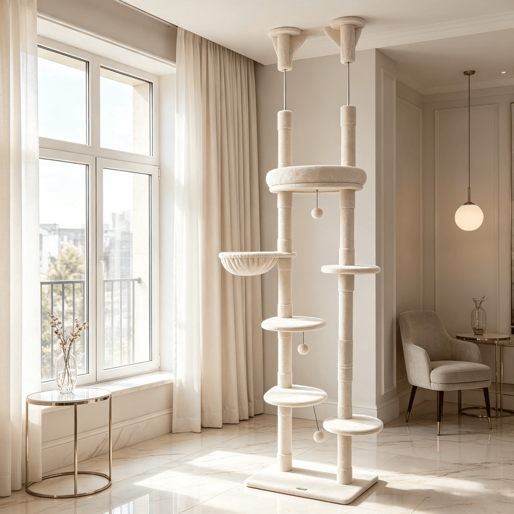 6-Tier Floor to Ceiling Cat Tree with Plush Bed Sisal Scratching Posts for Multi-Cat Households Furniture-Style Design