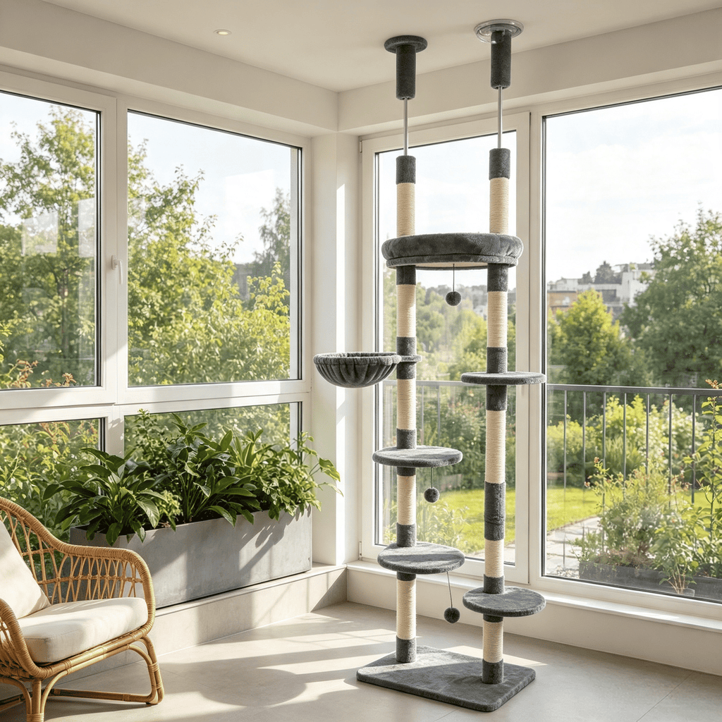6-Tier Floor to Ceiling Cat Tree with Plush Bed Sisal Scratching Posts for Multi-Cat Households Furniture-Style Design