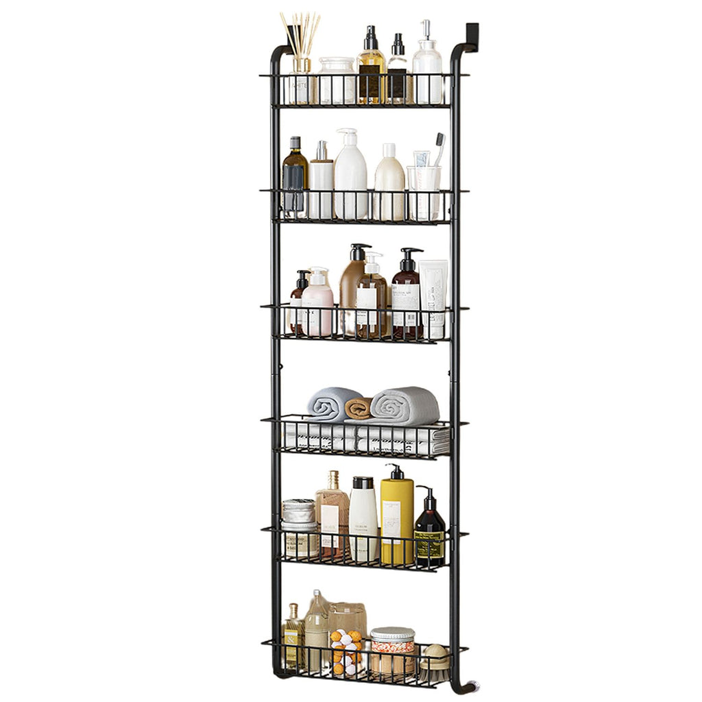 6 Tier Over Door Pantry Organizer Hanging Hooks Door Storage Rack Carbon Steel Basket 62.99in Over Door Shelf for Kitchen Bathroom