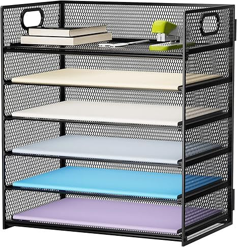 6 Tier Paper Organizer Letter Tray - Mesh Desk File Organizer with Handle, Paper Sorter Organizer for Letter/A4 Office File Folder Holder - Black
