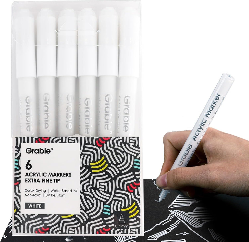 6 White Extra Fine Tip Acrylic Paint Marker Set, 6 Pack, 0.7mm Acrylic Paint Pens for Highlights, Highlight Markers (6 White Acrylic Markers)