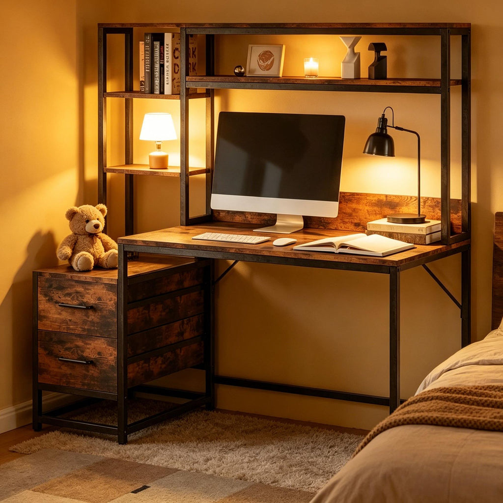 60 inch high computer desk with 2 drawers and storage rack, writing desk
