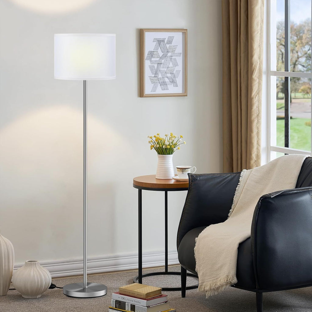 60'' Modern Floor Lamp with Shade, Tall Lamps for Living Room, Bedroom, Office, Dining Room, White Shade with Silver Pole(Without Bulb)