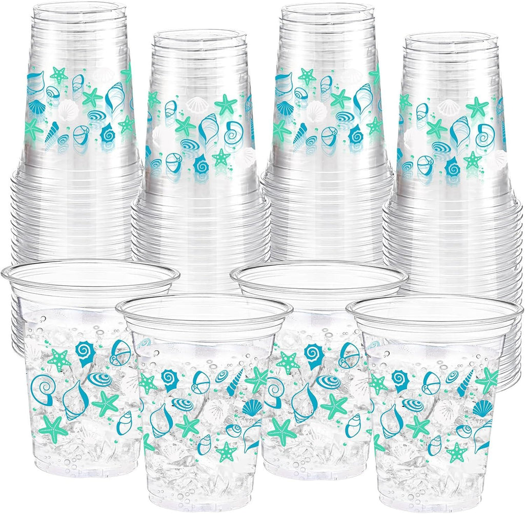 60 Pack Seashell Beach Plastic Cups 12 oz Summer Beach Starfish Disposable Clear Beverage Drinking Cups for Sea Ocean Pool Birthday Bridal Wedding Baby Shower Party Decoration Supplies