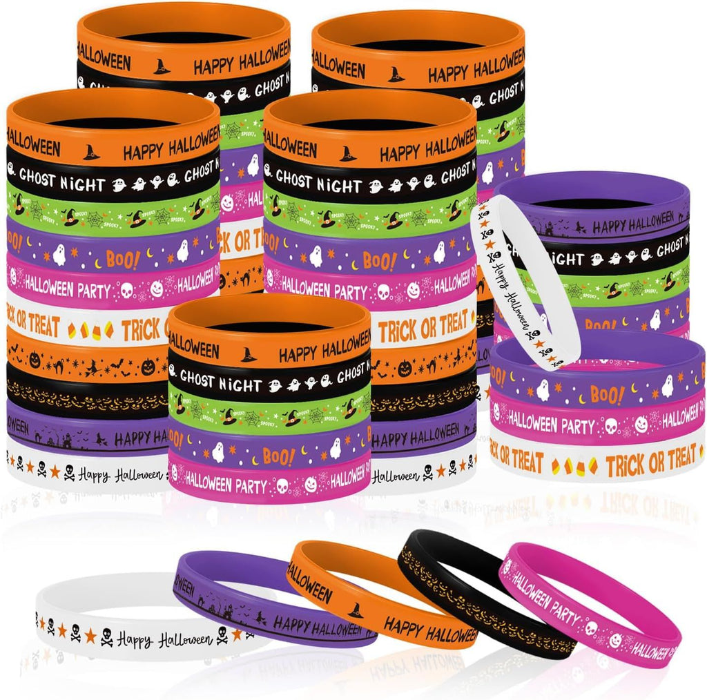 60 Pcs - Silicone Wristbands for Costume Parties, Trick or Treat Goodie Bags & Classroom Rewards - 10 Assorted Designs