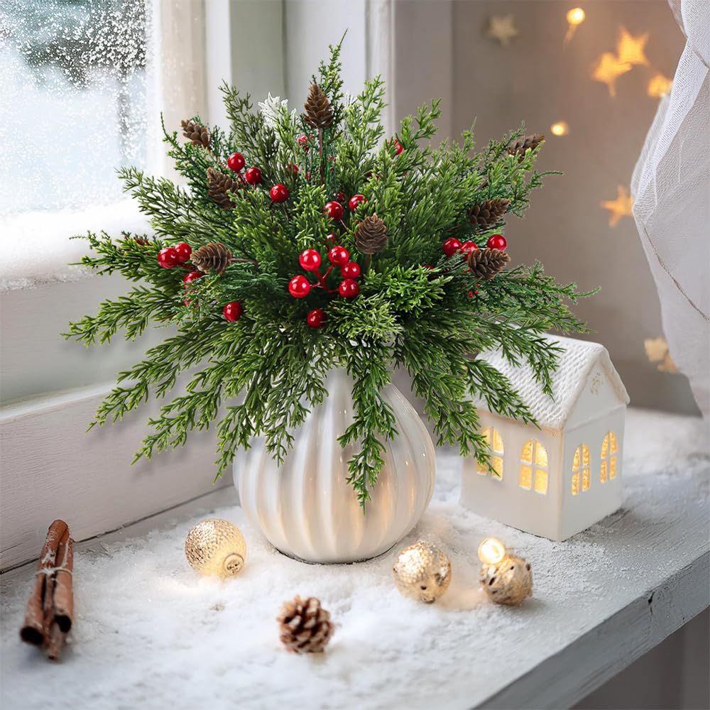 60 Pcs Christmas Artificial Pine Branches Red Berry Stems and Pine Cones, Fake Foliage Greenery Pine Needles Picks for DIY Craft Garland Wreath Xmas Embellishing Home Garden Decor