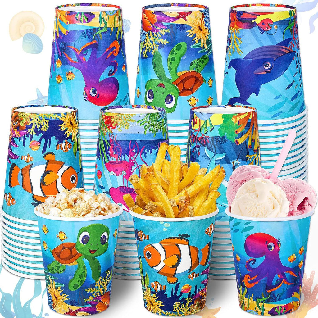 60 Pcs Summer Ocean Disposable Paper Cups 9oz Marine Animal Coffee Tea Cups Under the Sea Beverage Drinking Cup Disposable Bathroom Cups for Summer Birthday Ocean Party Supplies
