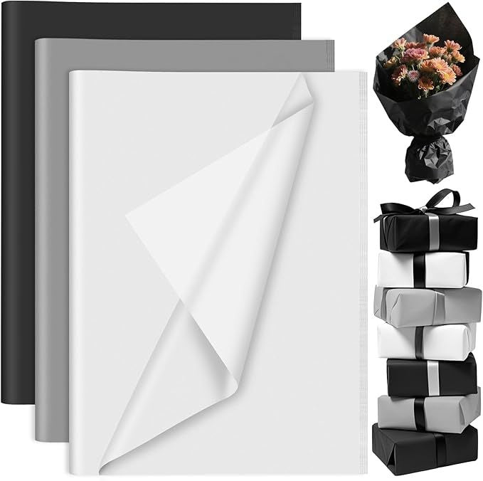 60 Sheets Black White Grey Tissue Paper Bulks, Gift Wrap Tissue Paper Sheets for Packaging Birthday Gift Wrapping Birthday Wedding Holiday 14 x 20 Inch