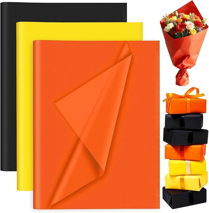 60 Sheets Halloween Black Orange Yellow Tissue Paper Bulks, Gift Wrap Tissue Paper Sheets for Packaging Birthday Gift Wrapping Birthday Wedding Construction Decorations