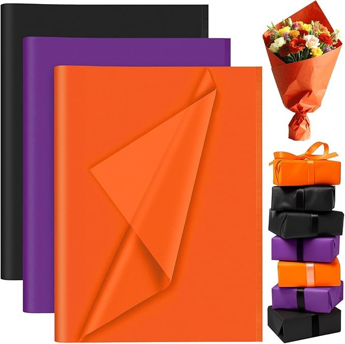 60 Sheets Halloween Tissue Paper Bulks, Black Purple Orange Tissue Paper Sheets for Packaging Birthday Gift Wrapping Halloween Party Decorations