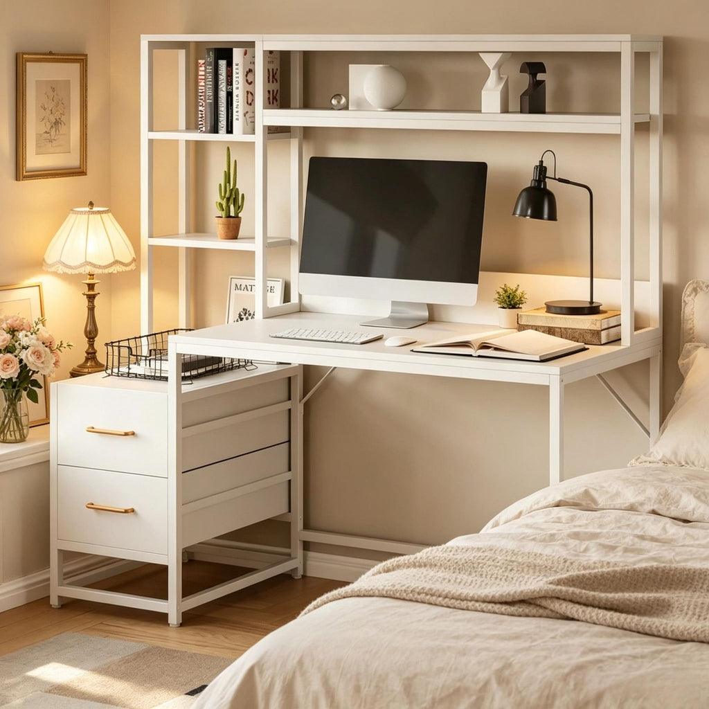60" Tall Computer Desk with 2 Drawers And Storage Shelves Writing Table Desk