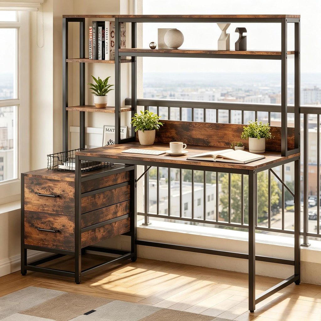 60" Tall Computer Desk with 2 Drawers And Storage Shelves Writing Table Desk