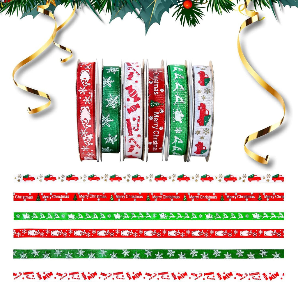 60 Yards 3/8" Christmas Ribbon for Crafts, White Red and Green Holiday Grosgrain Ribbon Christmas Ribbon for Gift Wrapping Festival Holiday Party Hair Bow Clips DIY Crafts Decoration (6 Rolls)