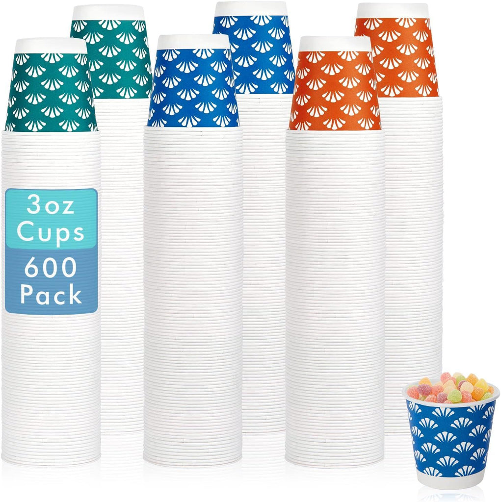 600 Pack 3 oz Disposable Bathroom Paper Cups, Small Mouthwash Cups in Orange, Blue, and Green, Great for Candy, Biscuits, Bathroom Use, Parties, Picnics, and Travel