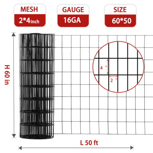 60inch X 50ft Black Vinyl Coated Hardware Cloth 2 X 4 16Ga Welded Wire Mesh Fence, PVC Coated Welded Chicken Wire Fencing, Metal Garden Plant Fencing, For Chicken Coop And Home Improvement