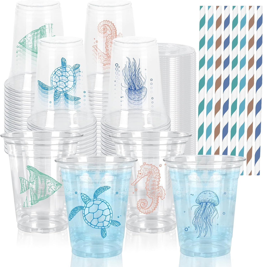 60Pcs 12Oz Ocean Animal Plastic Cups with Lids & Straws Under The Sea Disposable Clear Drinking Cups for Summer Birthday Baby Shower Party Supplies