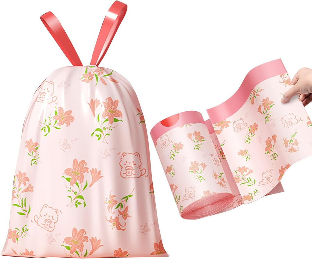 60pcs 4 Gallon Trash Bags Drawstring Tear-Free Separated for Bathroom Office Home Bedroom Trash Can with Red Rose Printed Garbage Basket Bags