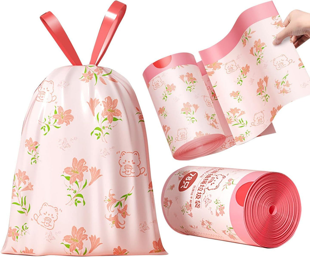 60pcs 4 Gallon Trash Bags Drawstring Tear-Free Separated for Bathroom Office Home Bedroom Trash Can with Red Rose Printed Garbage Basket Bags