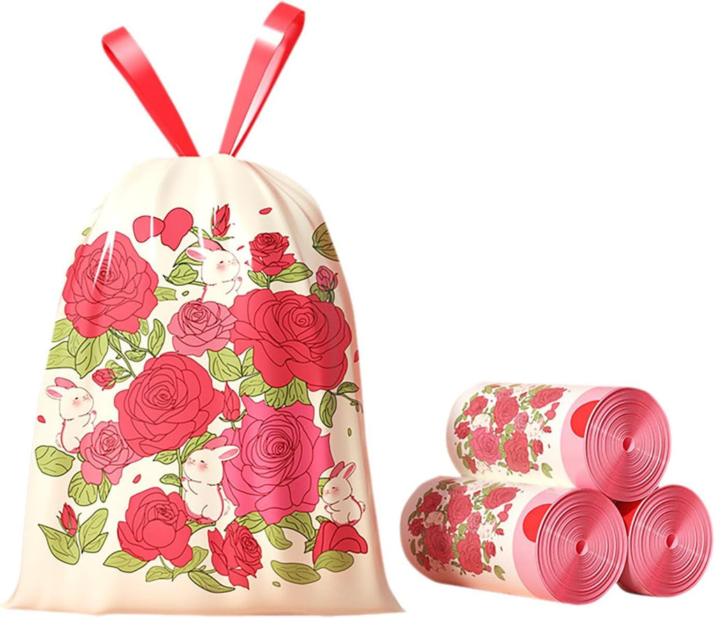 60pcs 4 Gallon Trash Bags Drawstring Tear-Free Separated for Bathroom Office Home Bedroom Trash Can with Red Rose Printed Garbage Basket Bags