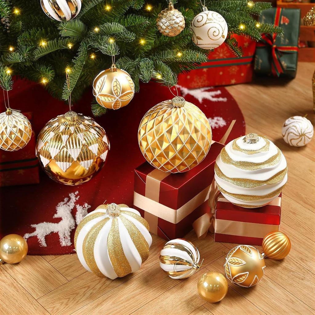 6''/150mm Large Christmas Ball Ornaments, 4Pcs Christmas Tree Decor, Shatterproof Hanging Decorations with Hooks, White & Silver Baubles for Xmas Tree, Wedding, Holiday and Party Decor