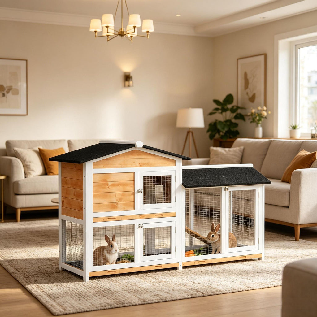 62" Rabbit Hutch with Run Area Small Animal Enclosure Featuring Removable Tray Lockable Doors  Roof And Ramp for Pet Care