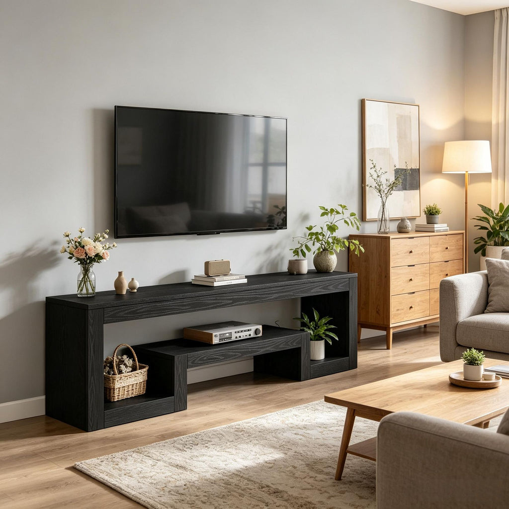 63" Center TV Stand Entertainment Console Media Stand  with 6 Open Shelves