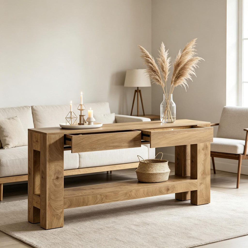 63" Farmhouse Wooden Console Table Sofa Entryway Table with 2 Drawers for Living Room Decor