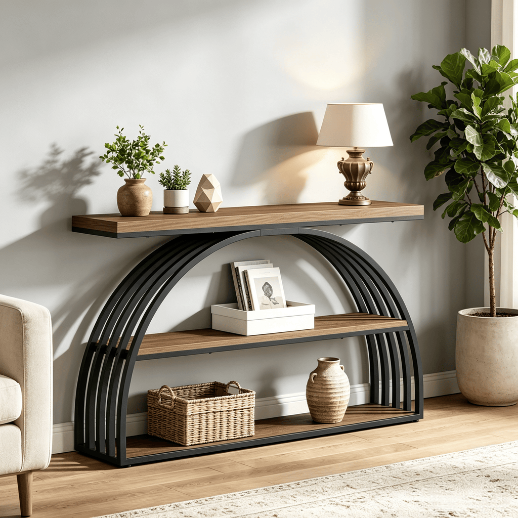 63 Inch 3-Tier Console Table Sofa Entryway with Arched Frame Living Room Decor Hallway Table for Living Room Decor