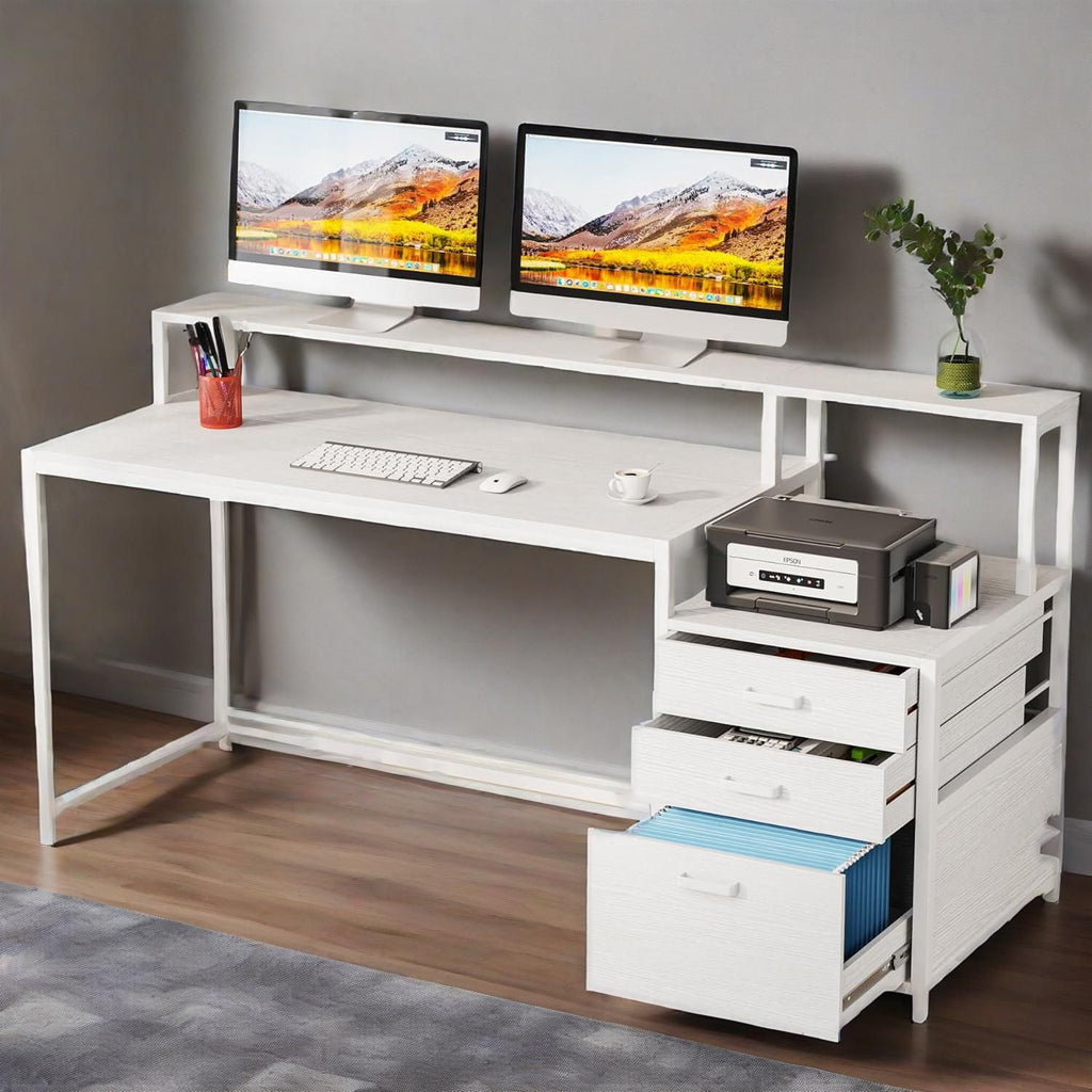 63 Inch Computer Desk with File Drawer Cabinet, Ergonomic Office Desk with Monitor Stand, Computer Table with Printer Space, Wood PC Table Workstation Desk
